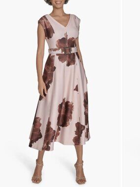 Floral V-Neck Belted Midi A-Line Dress